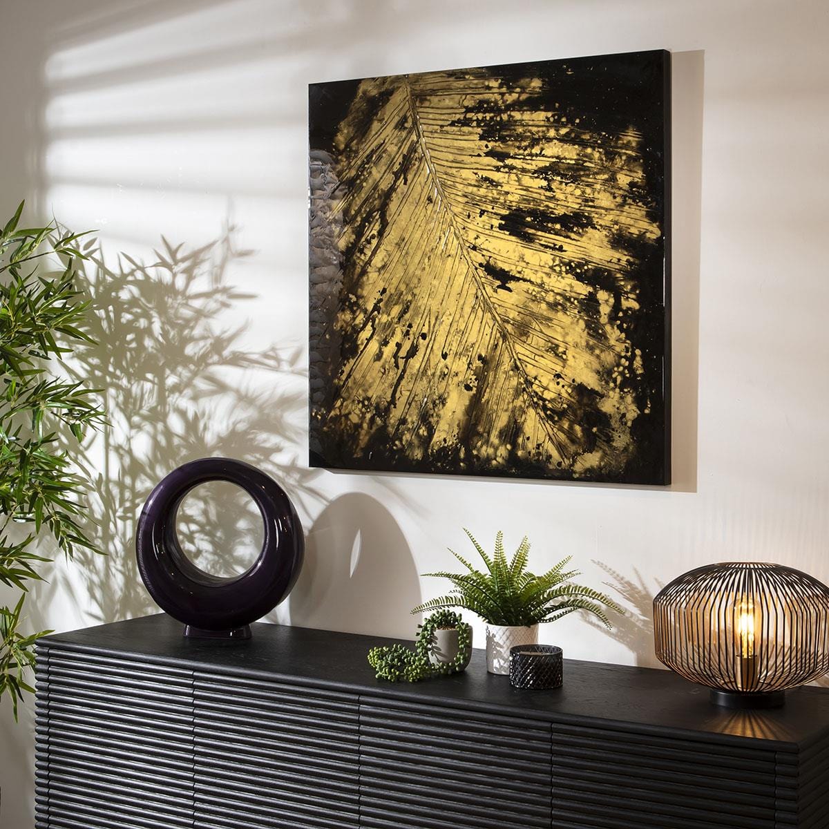 Square Abstract Framed Wall Artwork Black & Gold 90x90cm