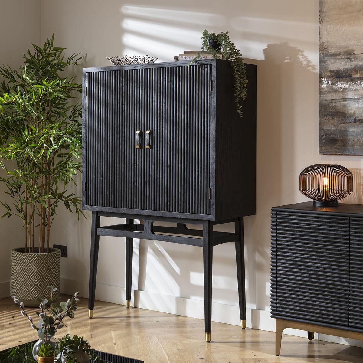 Loki Tall Drinks Cabinet Fluted Black Oak 104x162cm