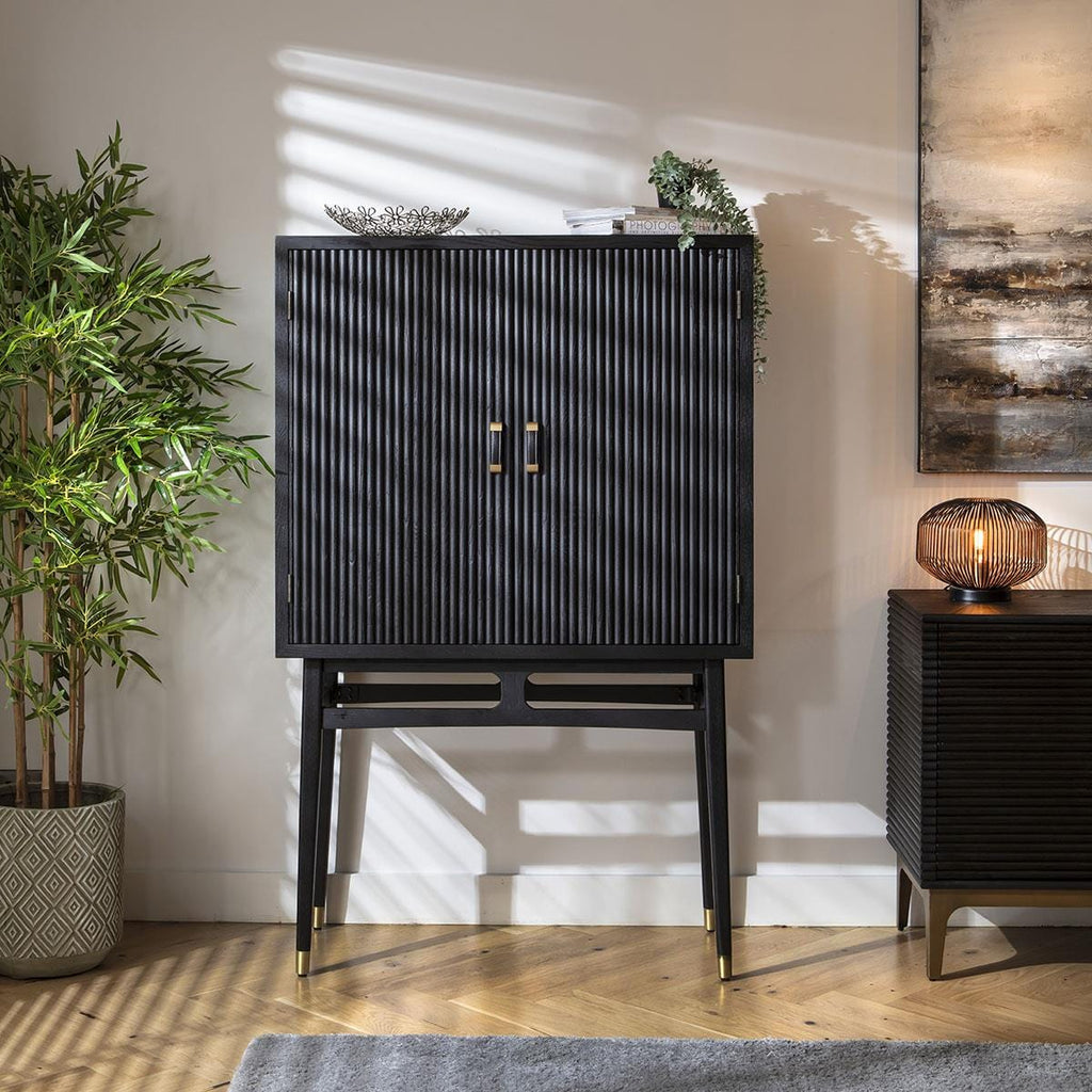 Loki Tall Drinks Cabinet Fluted Black Oak 104x162cm