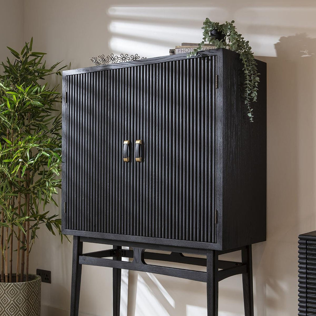 Loki Tall Drinks Cabinet Fluted Black Oak 104x162cm