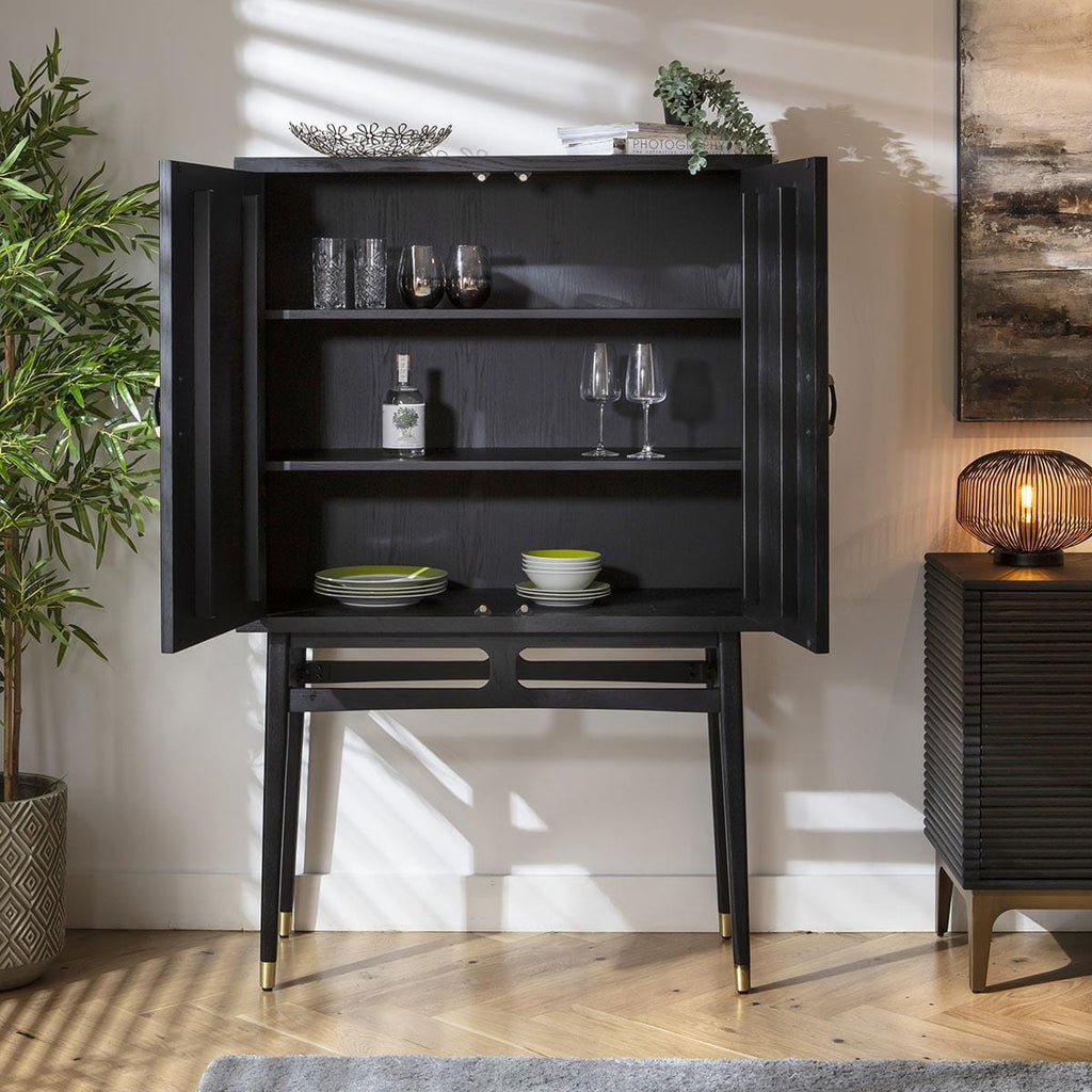 Loki Tall Drinks Cabinet Fluted Black Oak 104x162cm