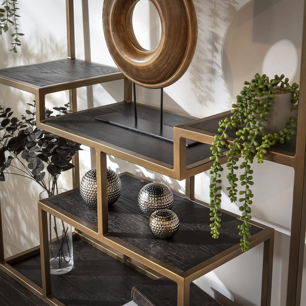 Jasper Tall Shelving Unit Display Case Black Oak & Brass 120x220cm