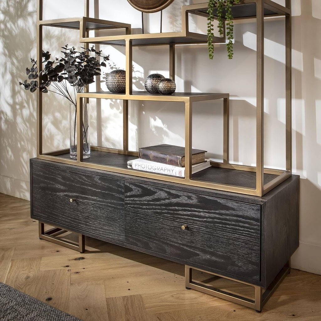Jasper Tall Shelving Unit Display Case Black Oak & Brass 120x220cm