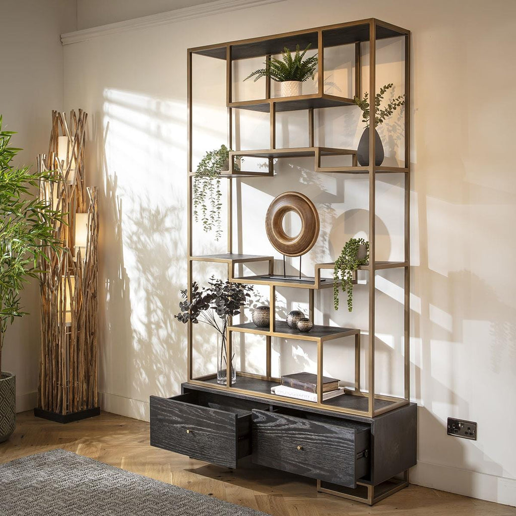 Jasper Tall Shelving Unit Display Case Black Oak & Brass 120x220cm