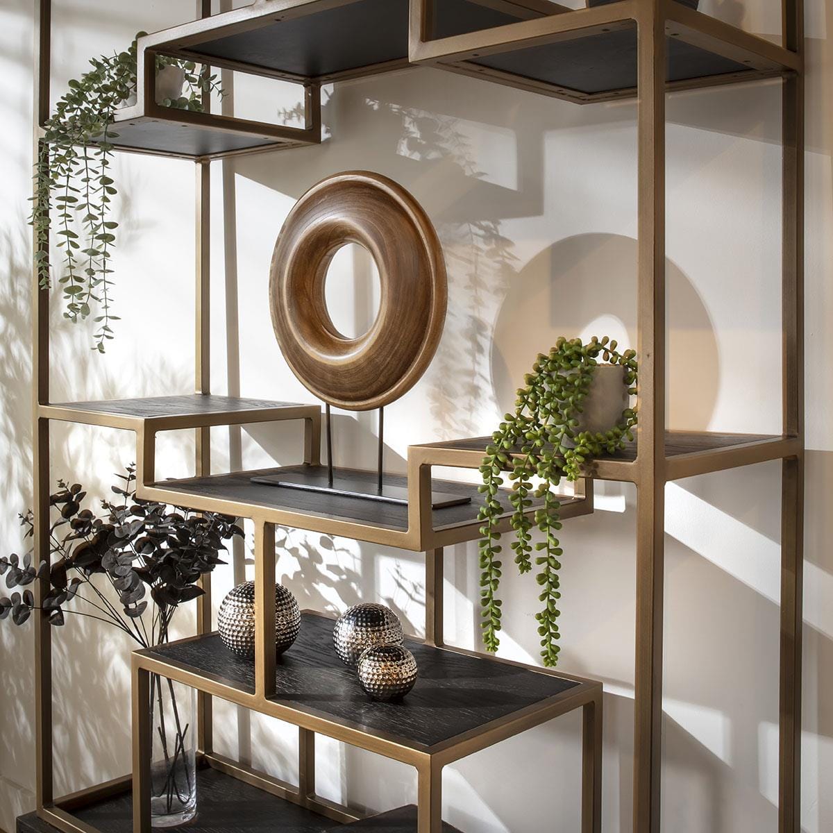 Jasper Tall Shelving Unit Display Case Black Oak & Brass 120x220cm