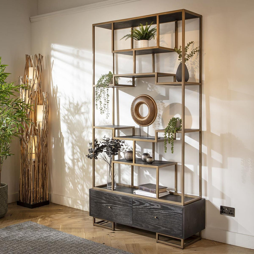 Jasper Tall Shelving Unit Display Case Black Oak & Brass 120x220cm