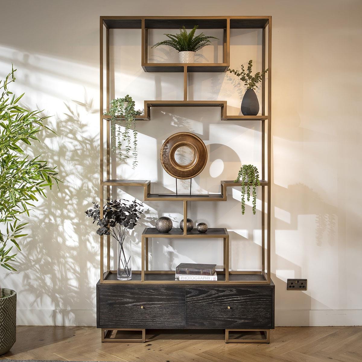 Jasper Tall Shelving Unit Display Case Black Oak & Brass 120x220cm