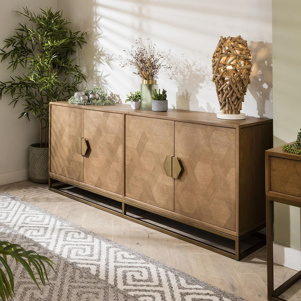 Hemingway 4 Door Sideboard Buffet Oak & Gold Brown 214cm