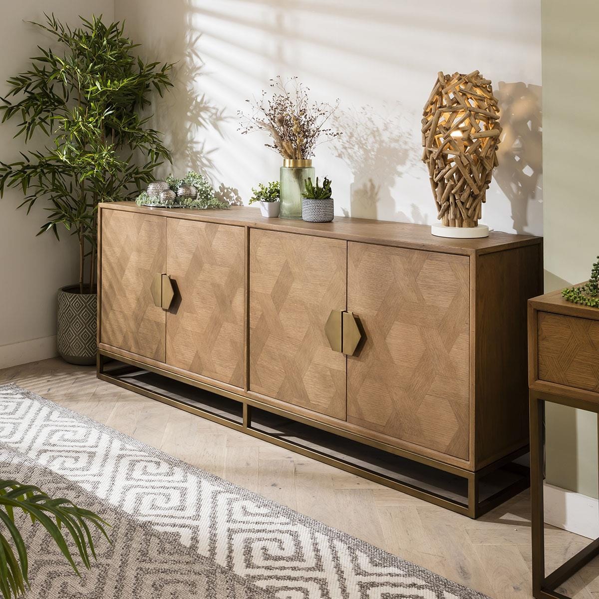 Hemingway 4 Door Sideboard Buffet Oak & Gold Brown 214cm