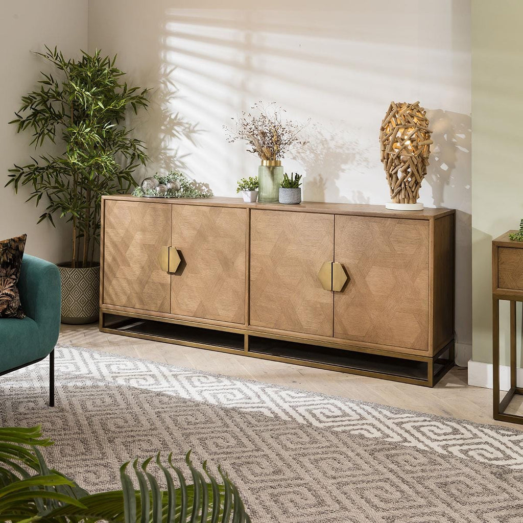 Hemingway 4 Door Sideboard Buffet Oak & Gold Brown 214cm