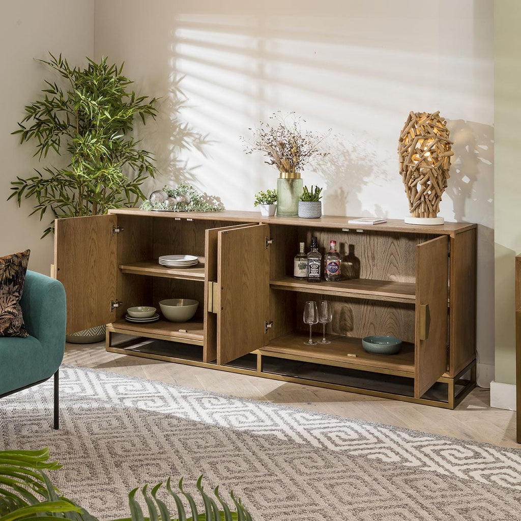 Hemingway 4 Door Sideboard Buffet Oak & Gold Brown 214cm