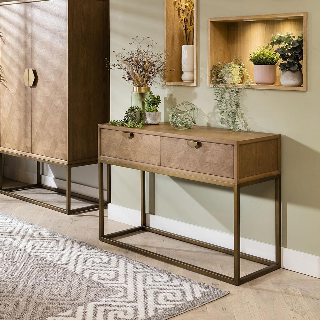 Hemingway Console Hallway Table Oak & Gold Brown 120cm