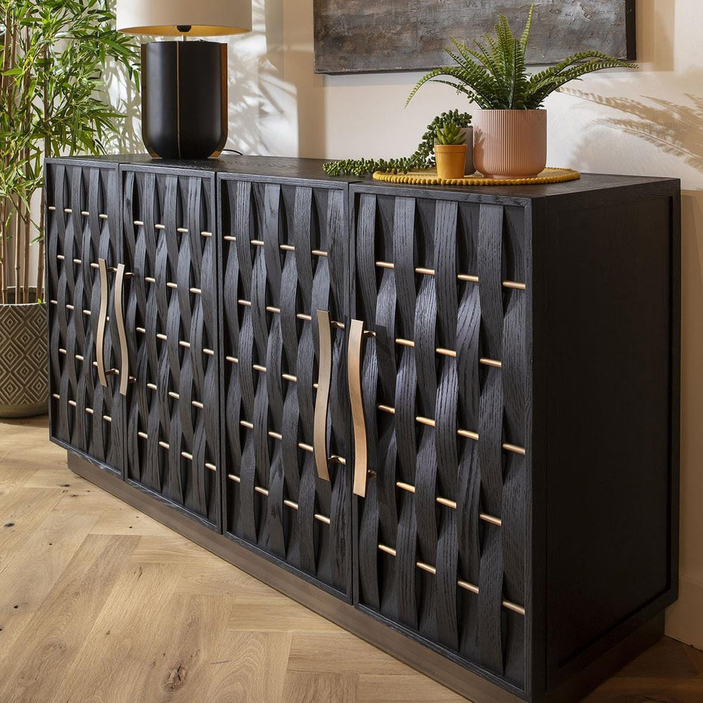 Izzy 4 Door Woven Black Oak Sideboard Cabinet 160cm