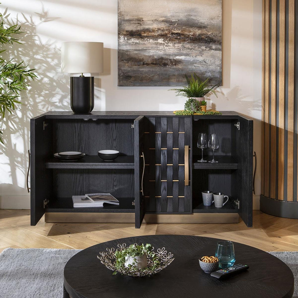 Izzy 4 Door Woven Black Oak Sideboard Cabinet 160cm