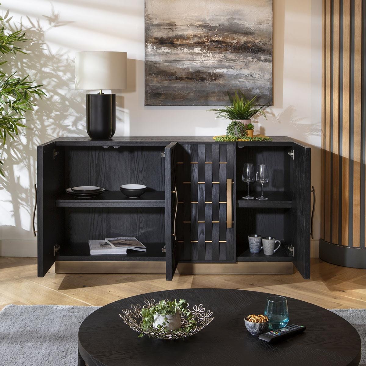 Izzy 4 Door Woven Black Oak Sideboard Cabinet 160cm