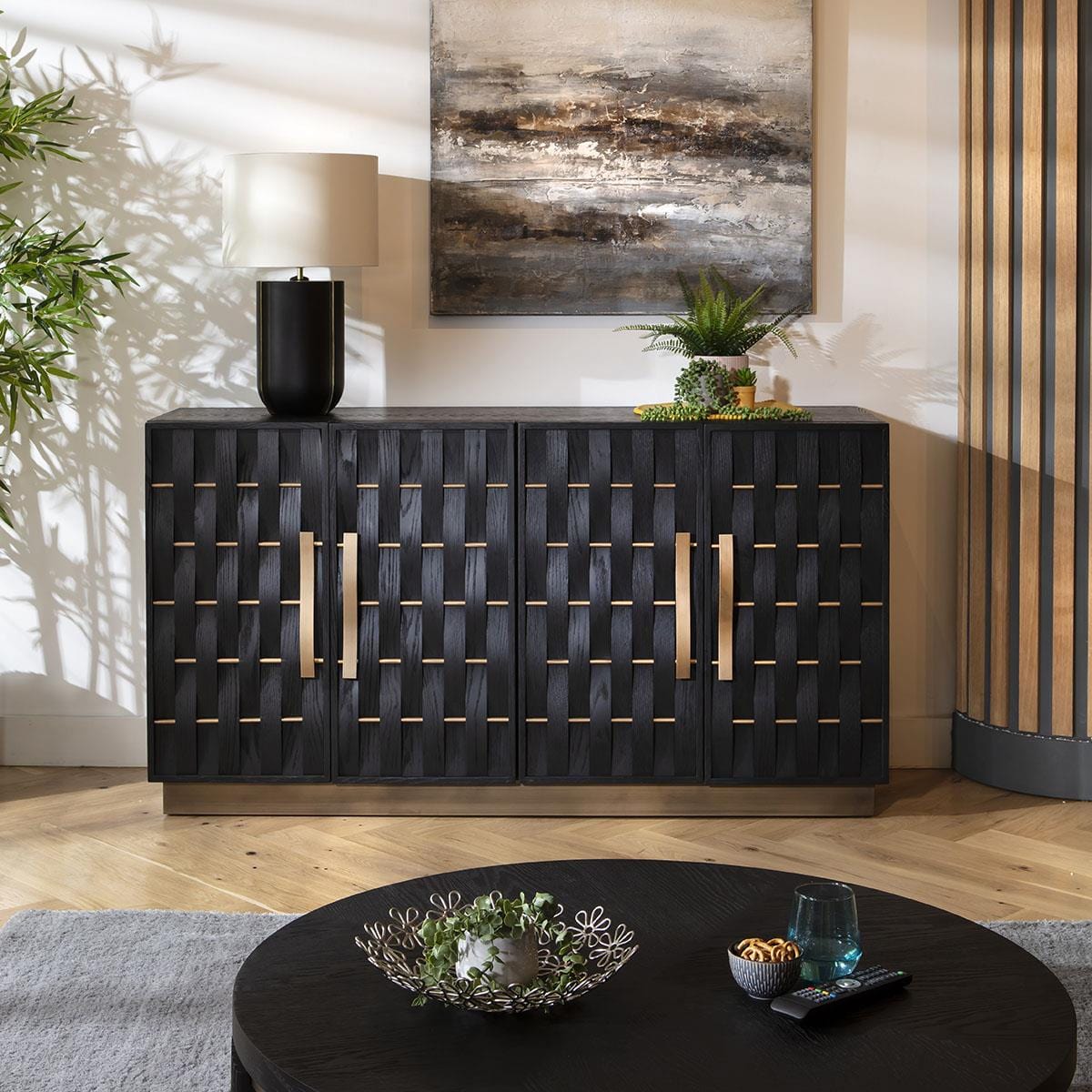 Izzy 4 Door Woven Black Oak Sideboard Cabinet 160cm