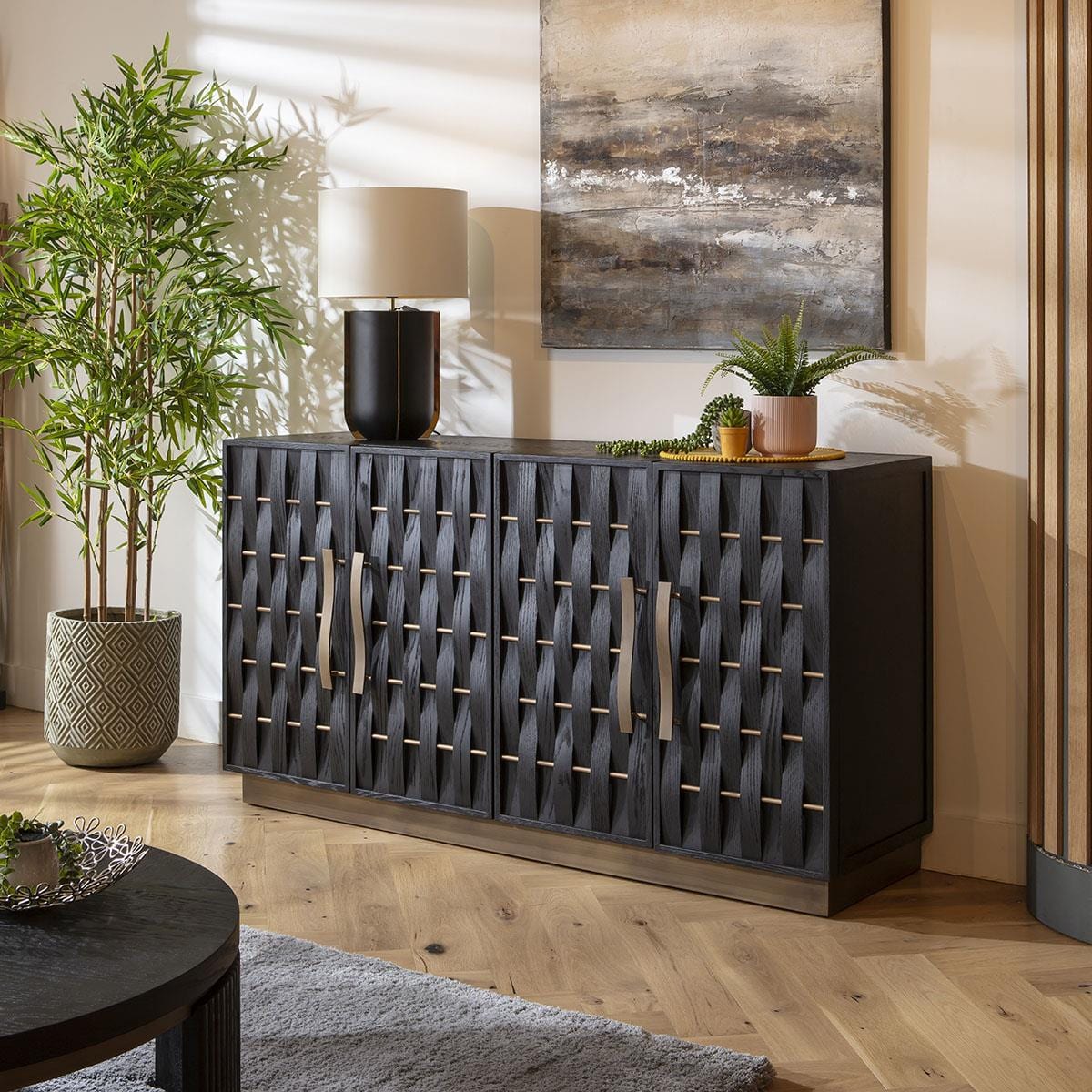 Izzy 4 Door Woven Black Oak Sideboard Cabinet 160cm