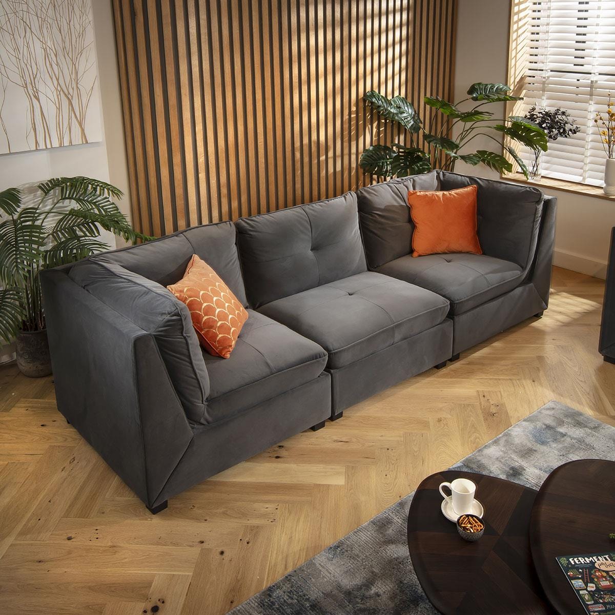 Anni 3 Seater Modular Sofa Grey Velvet 279x96cm 1