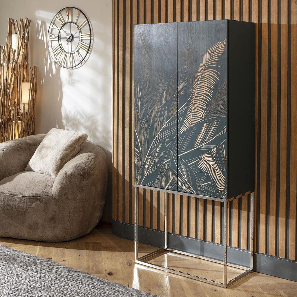 Monty Hand-Carved Tall Decorative Bar Wine Cabinet Black 80x180cm