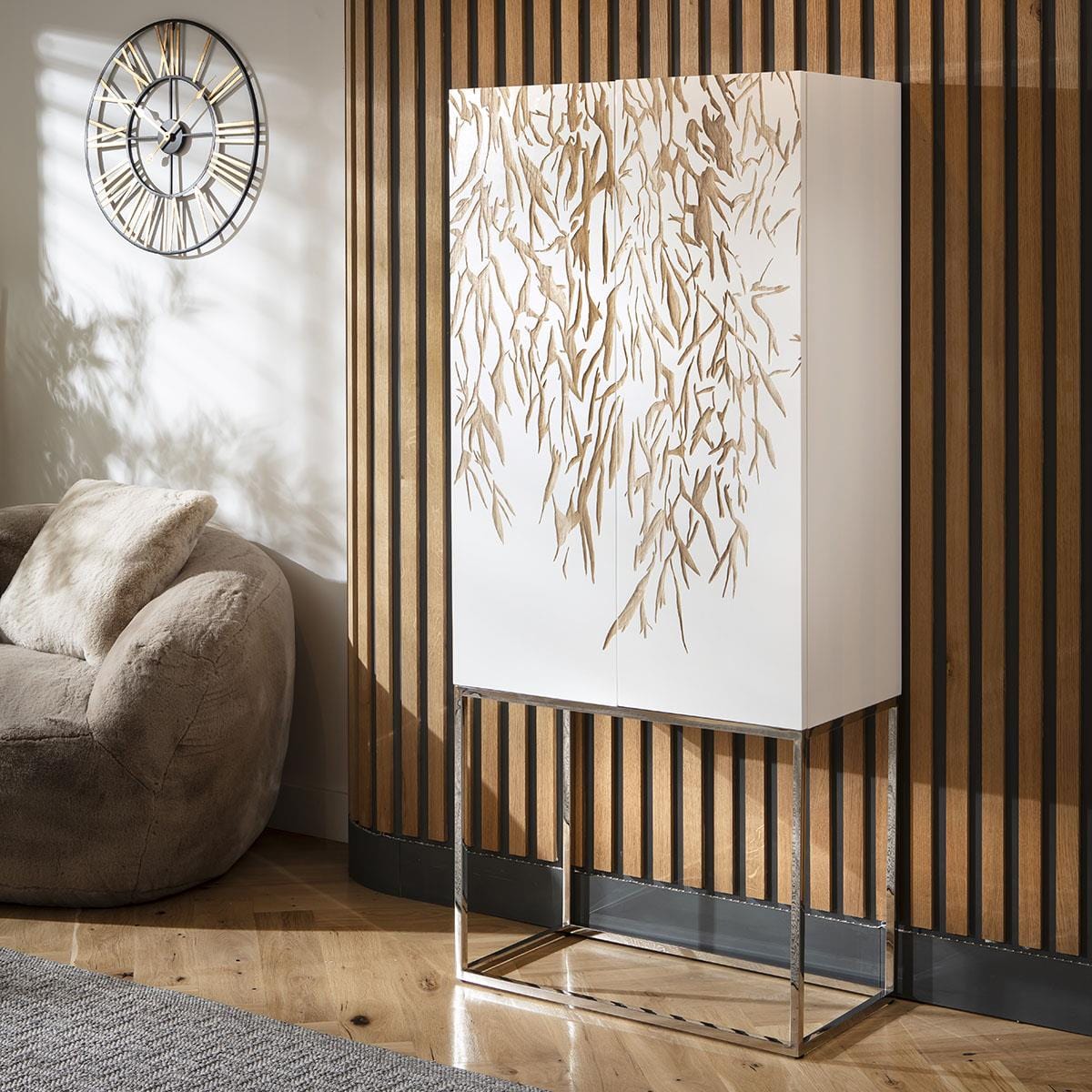 Monty Hand-Carved Tall Wooden Wine Bar Storage Cabinet White 80x180cm