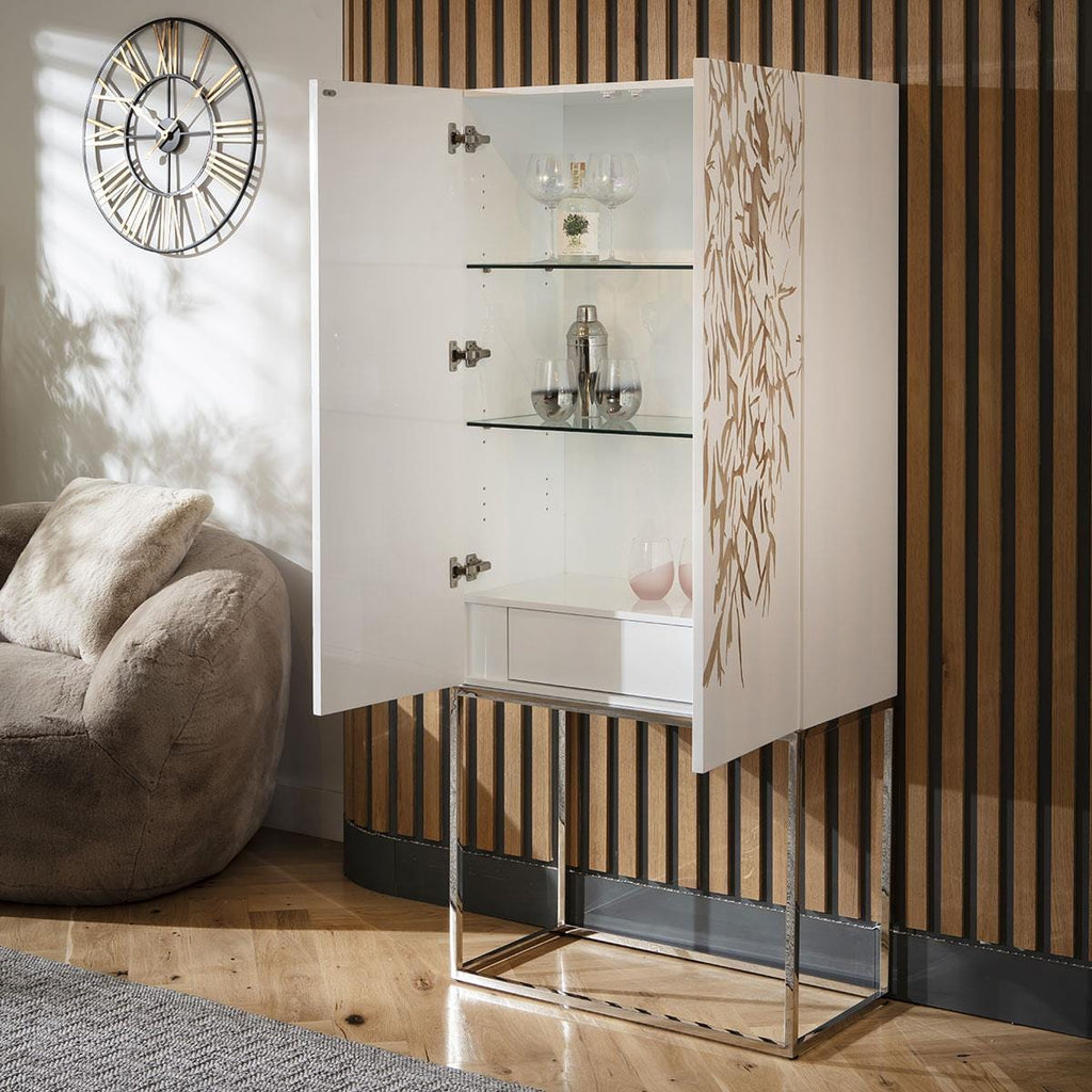 Monty Hand-Carved Tall Wooden Wine Bar Storage Cabinet White 80x180cm