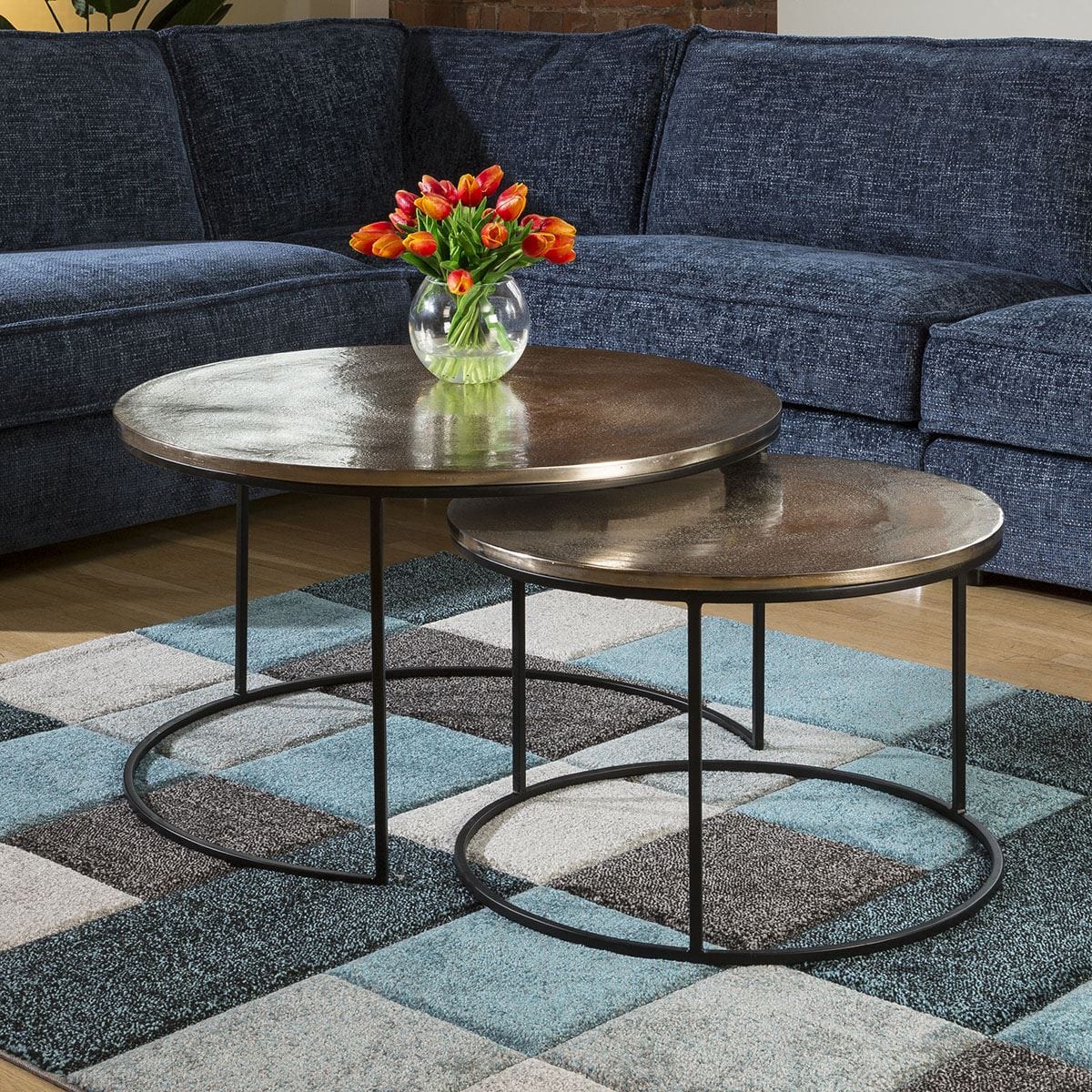 Pair of luxury Champagne Gold coloured Aluminium Round Coffee Tables