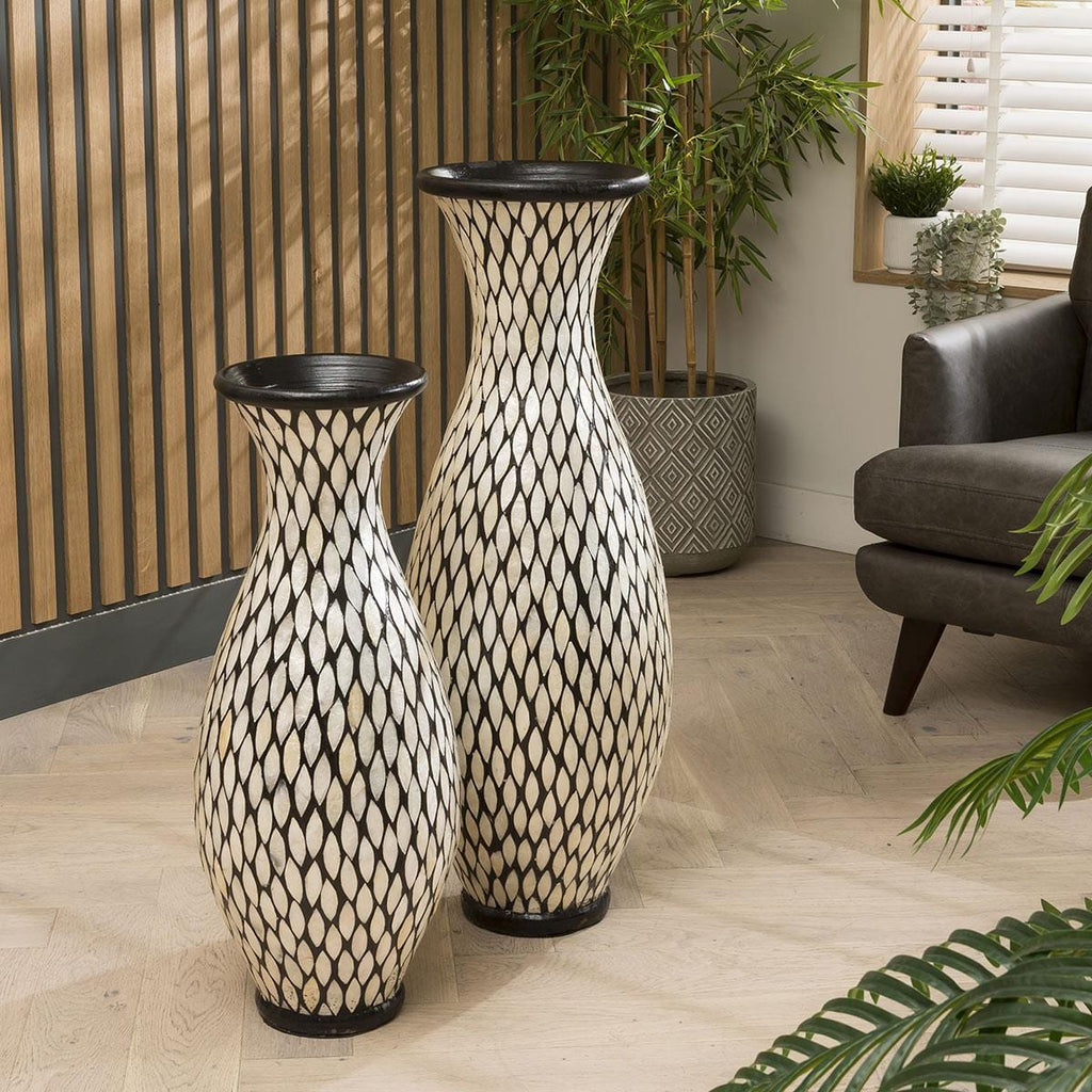 Pair of Stunning Shell Mosaic Vases 800 + 1000mm High Ivory Black