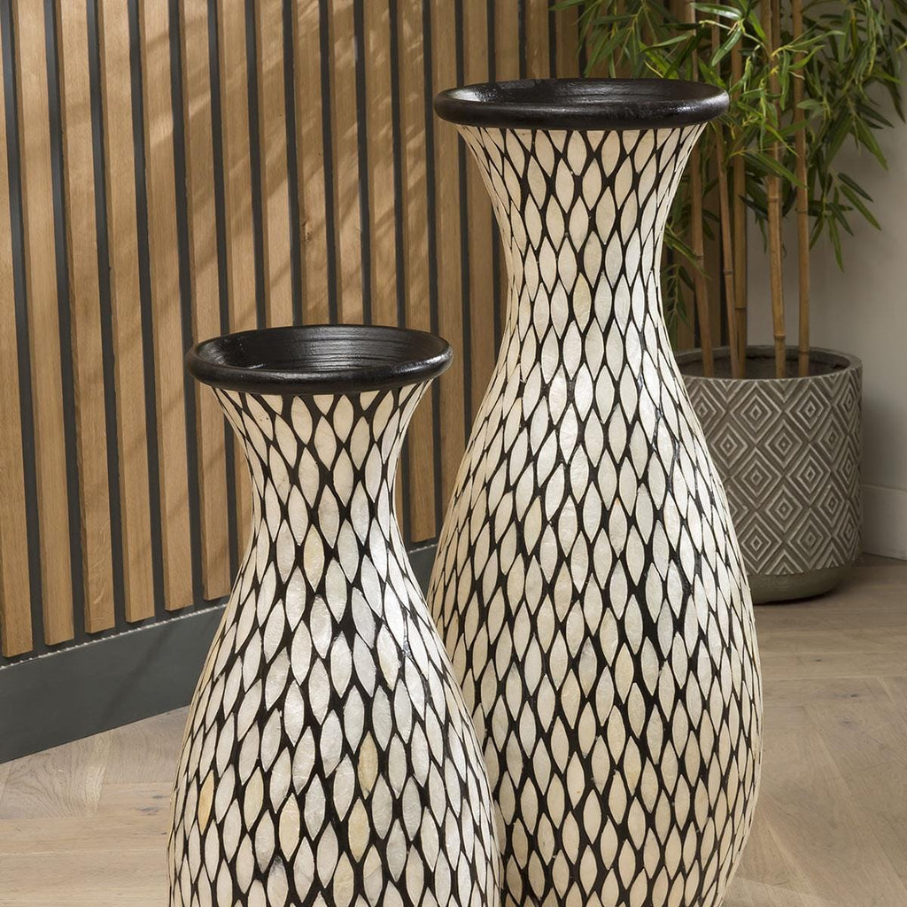 Pair of Stunning Shell Mosaic Vases 800 + 1000mm High Ivory Black