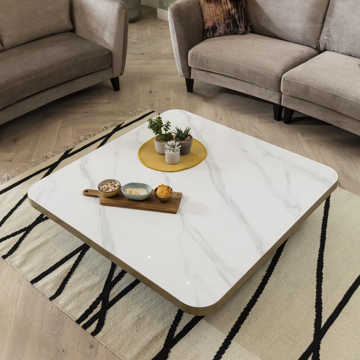 Premium Ceramic Marble Top Large Coffee Table with Metal Accent - White 120cm Square