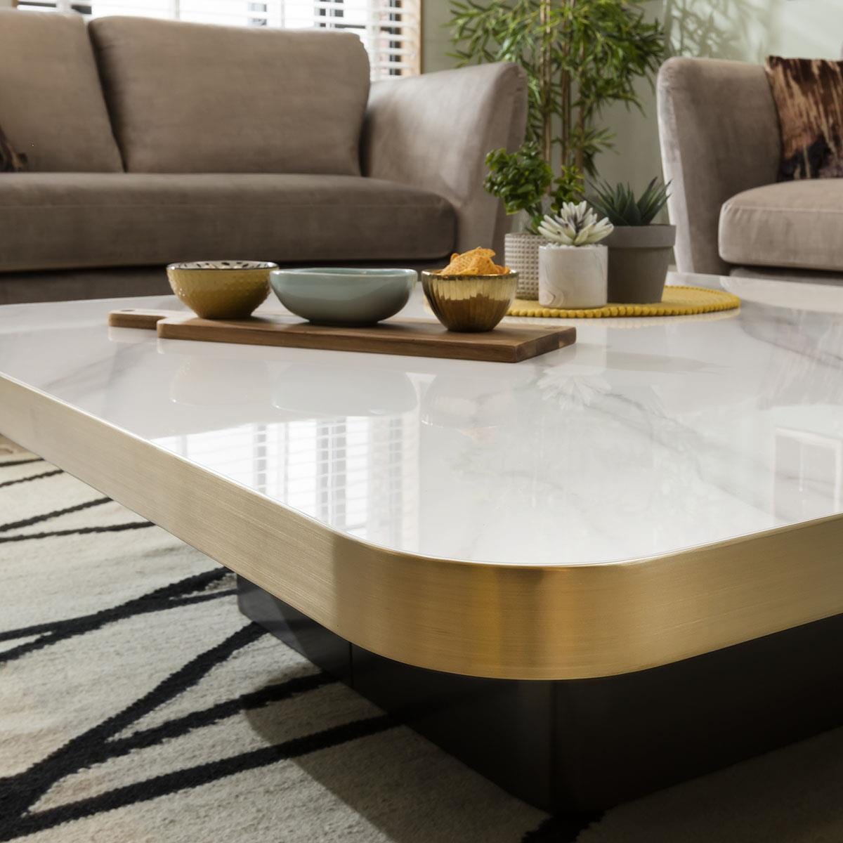 Premium Ceramic Marble Top Large Coffee Table with Metal Accent - White 120cm Square