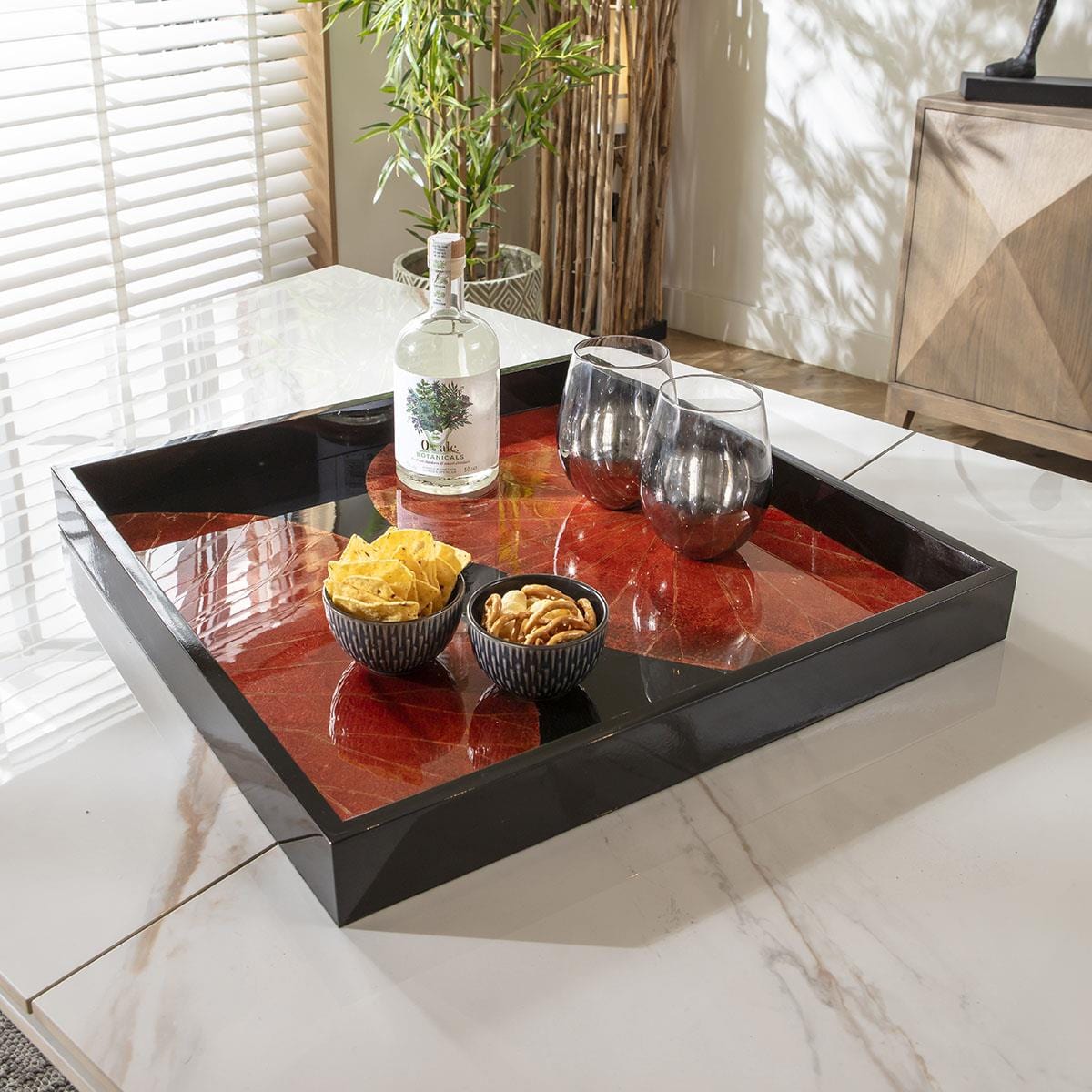 Premium Hand-Painted Glossy Large Square Wooden Tray Red & Black 50cm