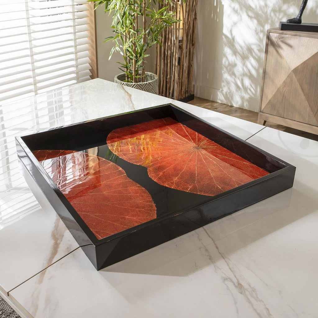 Premium Hand-Painted Glossy Large Square Wooden Tray Red & Black 50cm