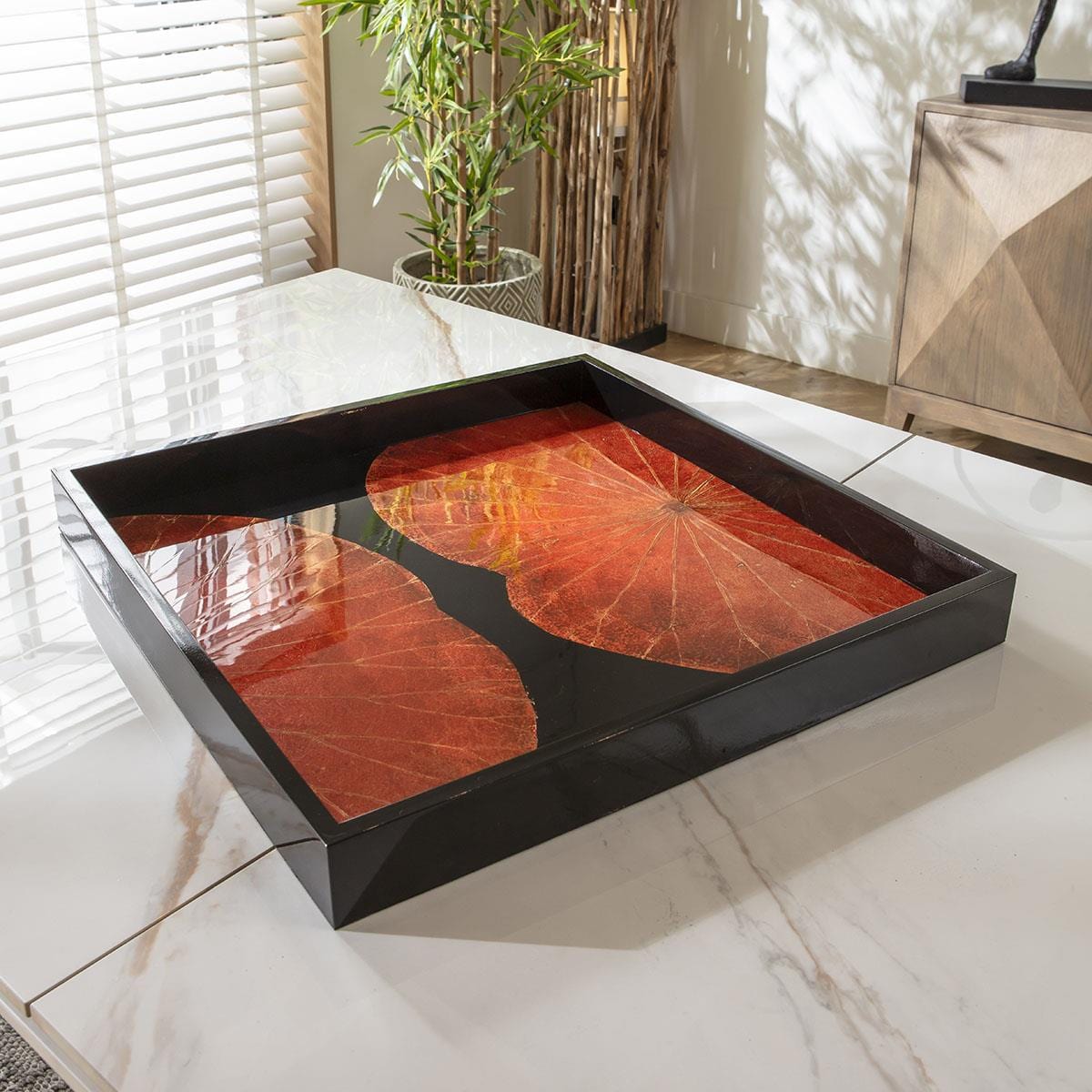 Premium Hand-Painted Glossy Large Square Wooden Tray Red & Black 50cm