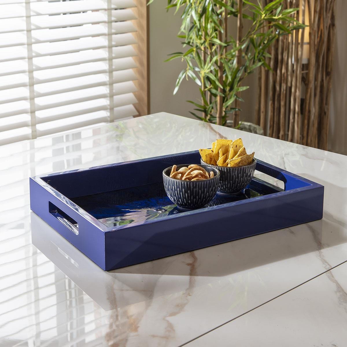 Premium Hand-Painted Glossy Wooden Tray Blue & Black 36x26cm