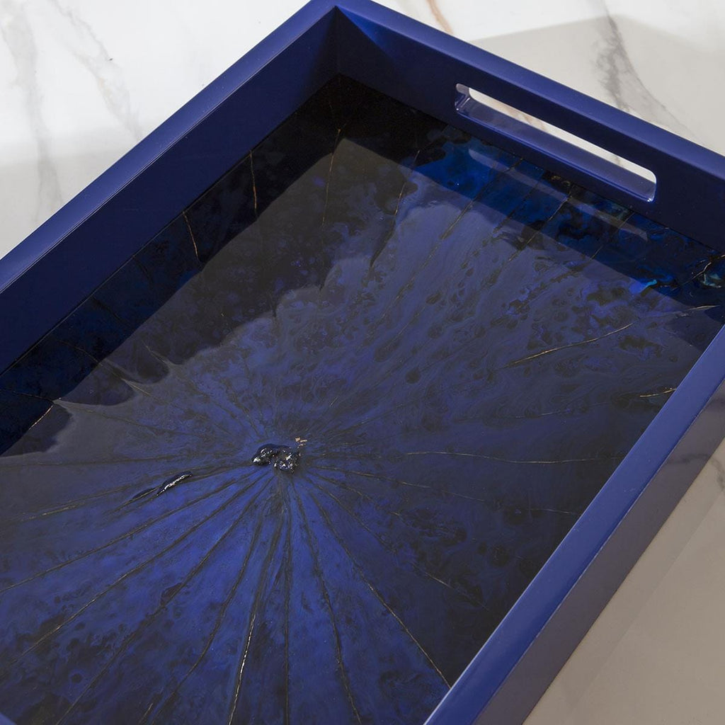 Premium Hand-Painted Glossy Wooden Tray Blue & Black 36x26cm