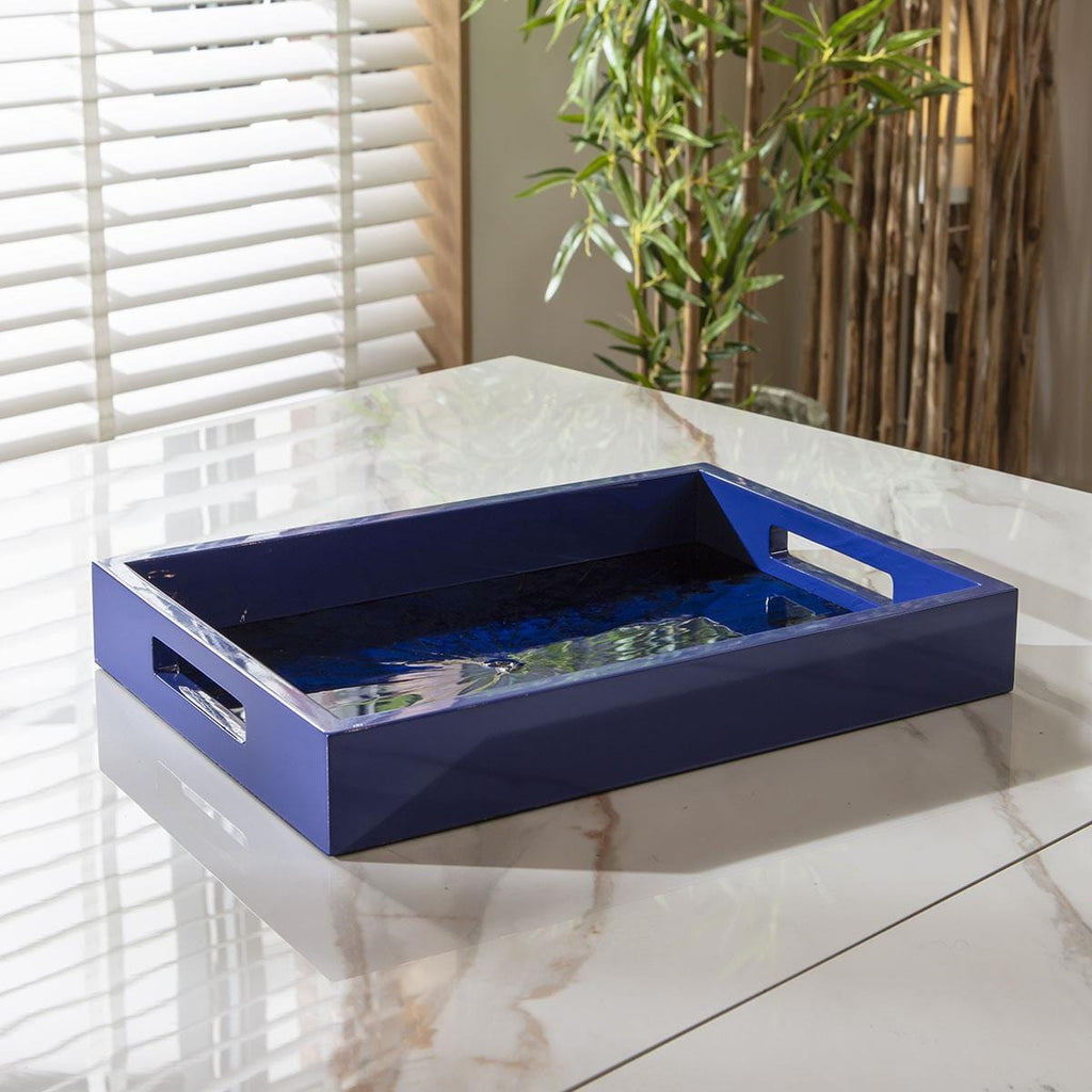 Premium Hand-Painted Glossy Wooden Tray Blue & Black 36x26cm