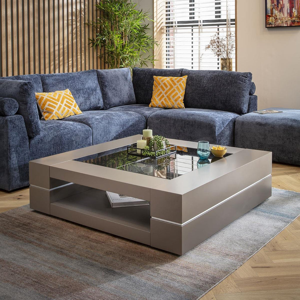 Billie Large Square Coffee Table Grey & Smoked Glass 120cm