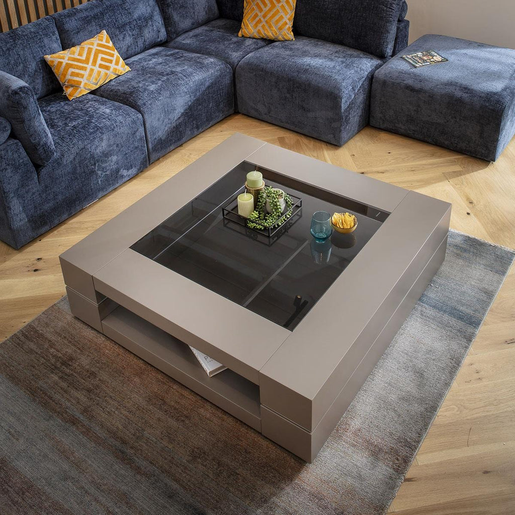 Billie Large Square Coffee Table Grey & Smoked Glass 120cm