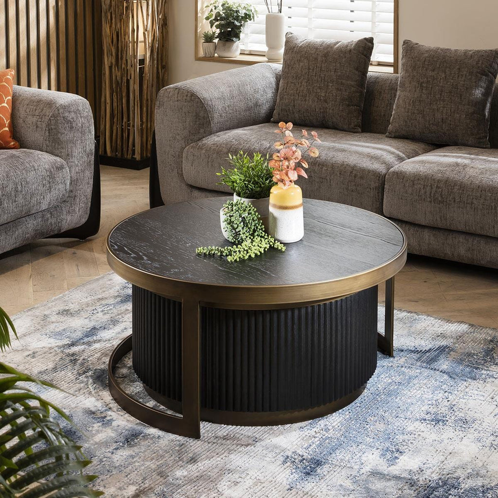 Dorian Round Nesting Coffee Table Set Black Oak & Brass 90cm