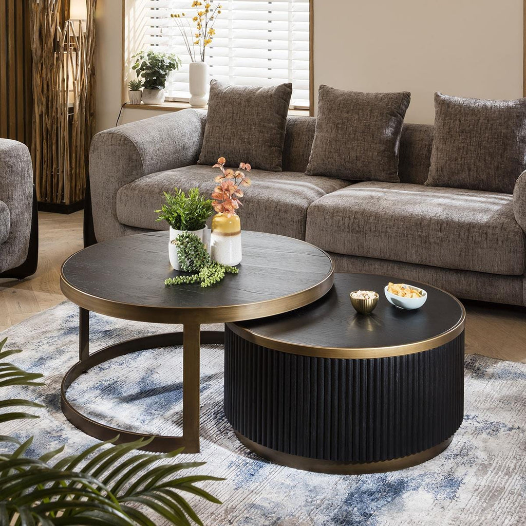 Dorian Round Nesting Coffee Table Set Black Oak & Brass 90cm