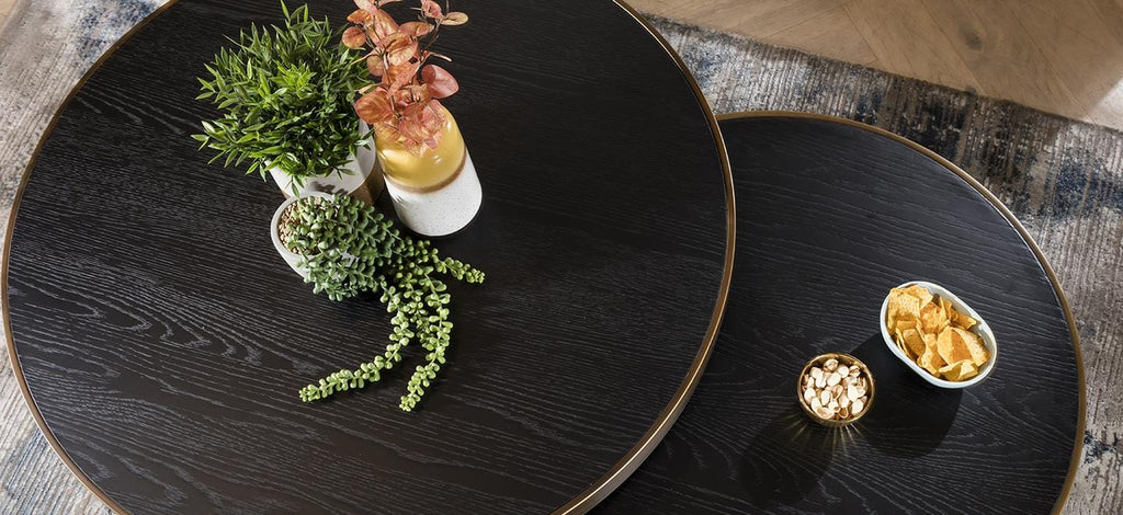 Dorian Round Nesting Coffee Table Set Black Oak & Brass 90cm