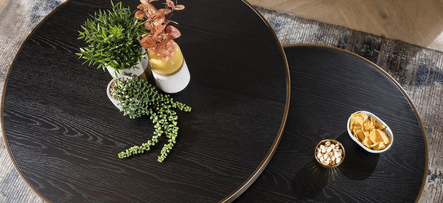 Dorian Round Nesting Coffee Table Set Black Oak & Brass 90cm