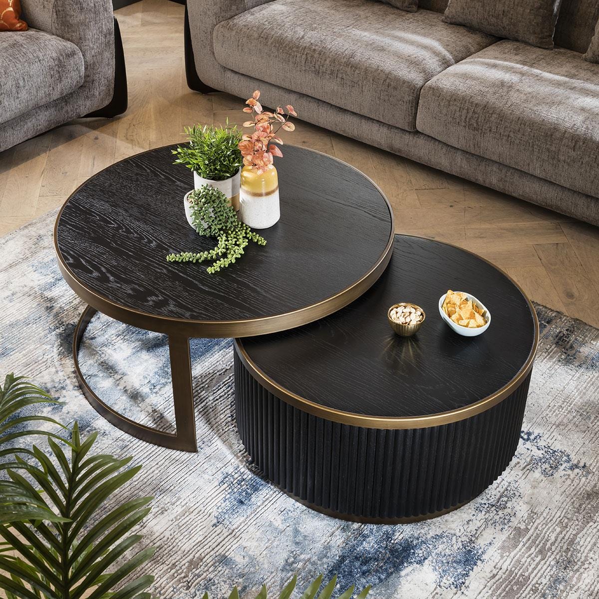 Dorian Round Nesting Coffee Table Set Black Oak & Brass 90cm