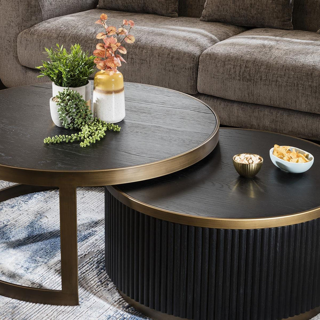 Dorian Round Nesting Coffee Table Set Black Oak & Brass 90cm