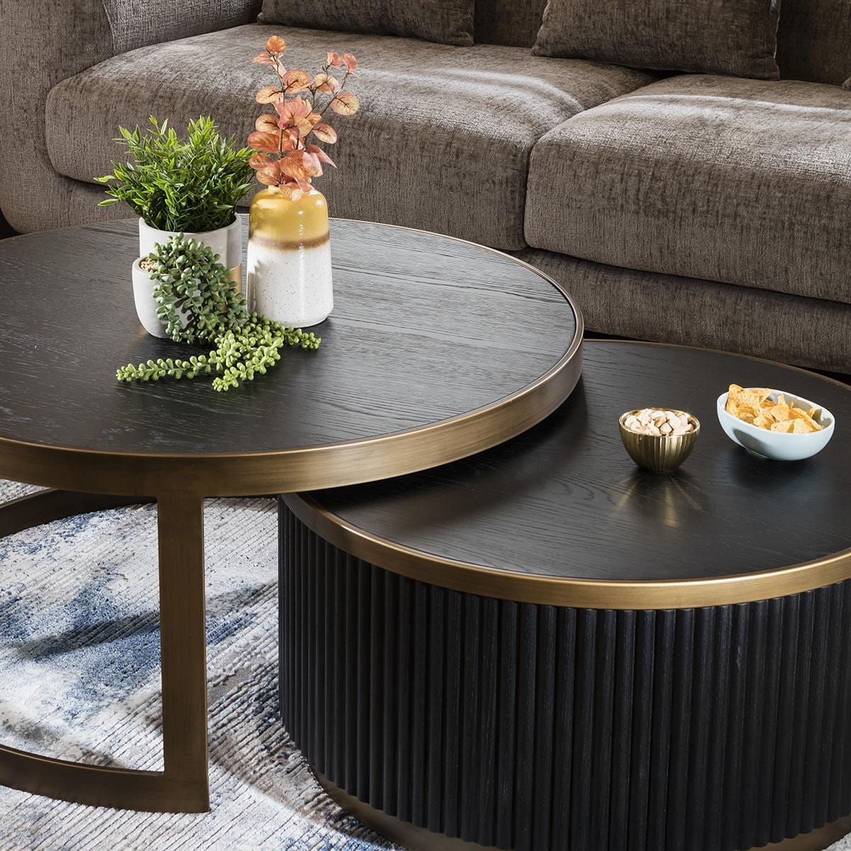 Dorian Round Nesting Coffee Table Set Black Oak & Brass 90cm