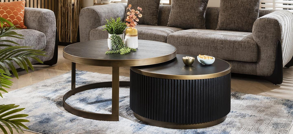 Dorian Round Nesting Coffee Table Set Black Oak & Brass 90cm