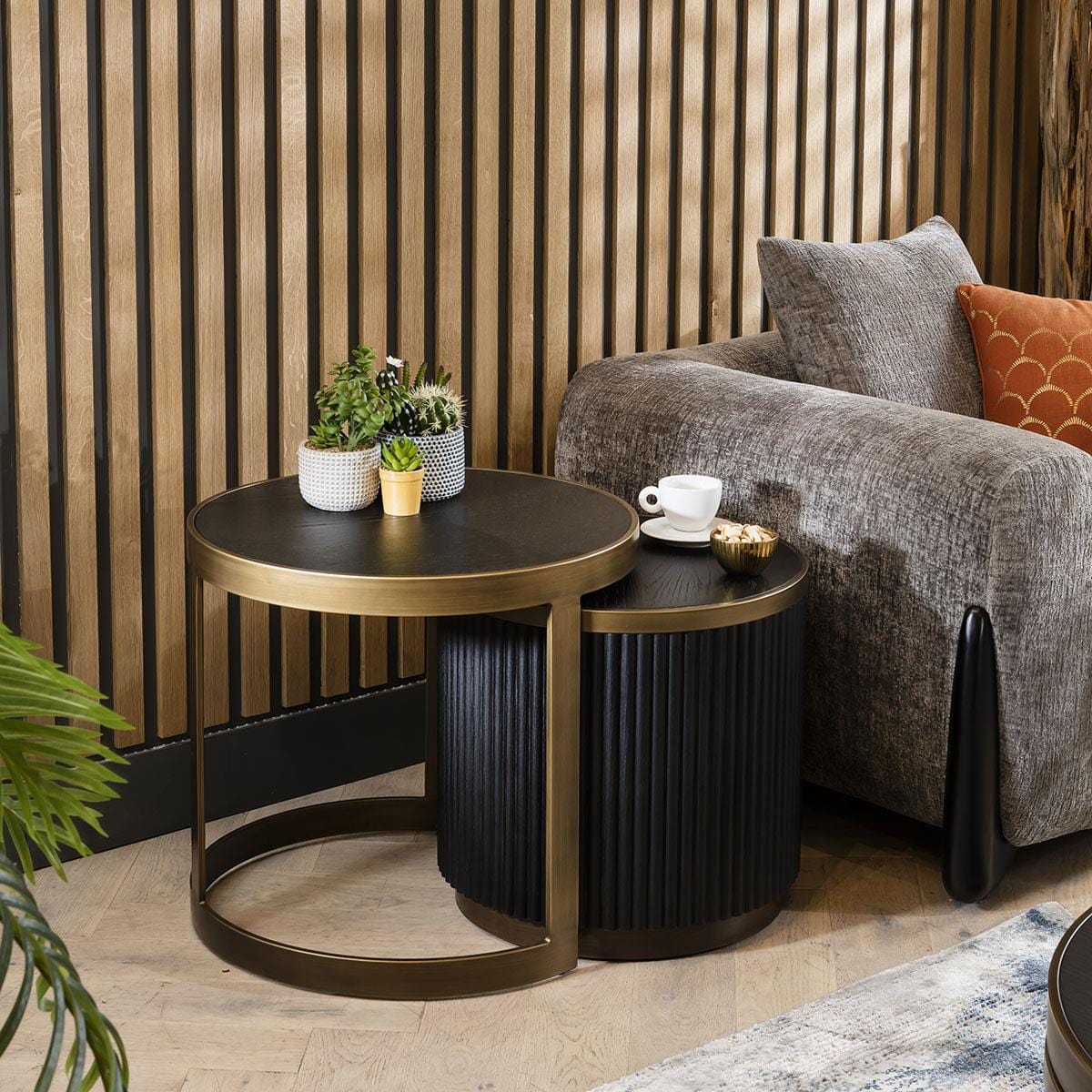 Dorian Round Nesting Side Table Set Black Oak & Brass 60cm