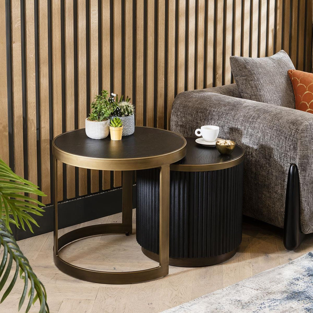 Dorian Round Nesting Side Table Set Black Oak & Brass 60cm