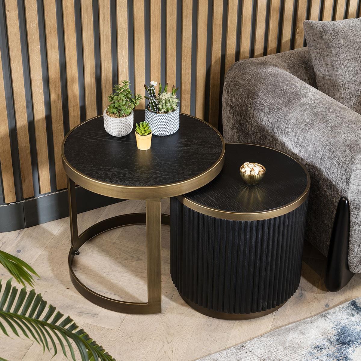 Dorian Round Nesting Side Table Set Black Oak & Brass 60cm