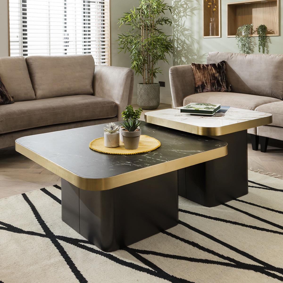 Premium Set of 2 Ceramic Marble Top Large Coffee Tables White & Black Square